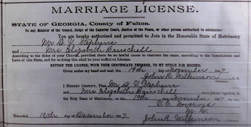 Marriage license for D. V. Stephens and Elizabeth Bauschell